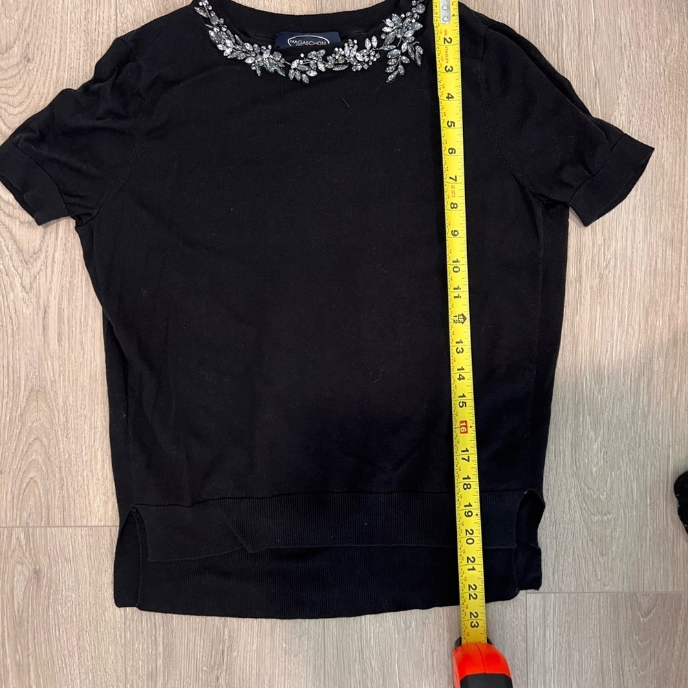 Magaschoni Black Short Sleeve Top with Embellished Neckline - Picture 4 of 6